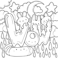 Doodle coloring book page for adult and kids with kawaii elements