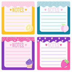 set of label Notes sheet cartoon style with cake and kawaii animals pink yellow  violet blue background