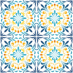 Watercolor blue, indigo, yellow seamles pattern. Moroccan vintage ornament as backgrounds, for fabric, wallpaper, textile, websites, home decor (pillows, towels, napkins), tableware