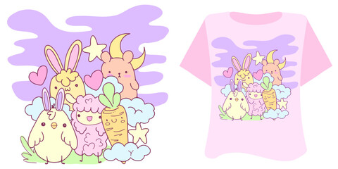 Kawaii sweet animal love   on white pink background for t shirt . Inspirational quote card, invitation, banner, lettering, poster. Cartoon farm, hearts, sta, pink, yellow, blue, vector. Pastel color 