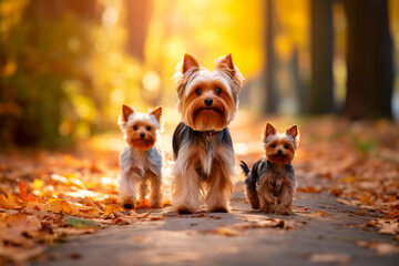 A beautiful family of Yorkshire terrier dogs on a beautiful natural background