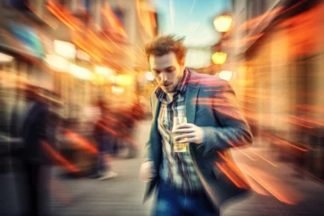 Fotobehang Alcohol addiction concept. Absolutely drunk man with a pint going from a pub, blurred vision, blurred picture  © Golden_hind