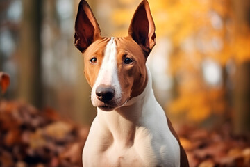 Beautiful bull terrier dog on a beautiful natural background. Dog on a walk in the park