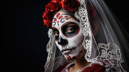 Festive make-up of a Mexican woman. Day of the Dead, Halloween. Concept of Katrina
