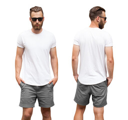 Front and back view of a handsome man with beard wearing white blank t-shirt with space for your logo or design on transparent background