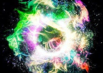 カラフルな火炎と煙が渦巻く抽象的な背景