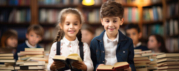 Fototapeta premium Blurred schoolchildren in the library read books against the background of blurry white shelves with books, generative artificial intelligence