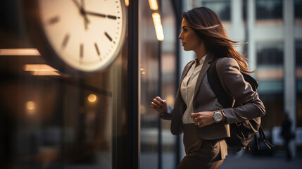 A Scene Capturing A Business Woman In Formal Attire Checking The Time On Her Wristwatch And Running, Indicating She Is Late For An Important Meeting Or Event, Showcasing The Importance Of Time Managem