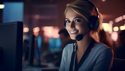 A smiling woman, a call center operator, customer support by phone or online, sitting in the office answering calls. - obrazy, fototapety, plakaty