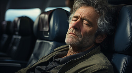 Man sleeping in plane seat.