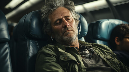 Man sleeping in plane seat.