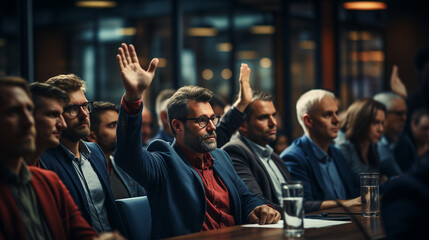 Meeting with business people hands raised. - obrazy, fototapety, plakaty