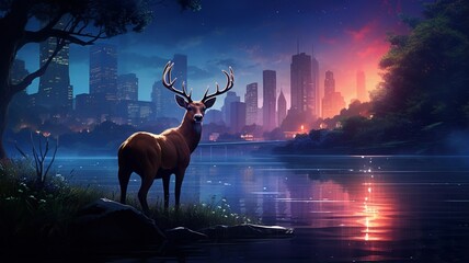 Beautiful deer magic color with glowing horns wallpaper image Ai generated art