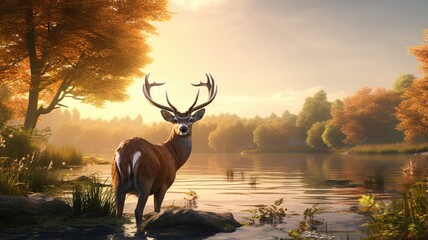 Beautiful deer sitting river bank standing up animal image Ai generated art