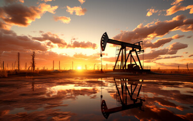 Oil pump oil rig energy industrial machine for petroleum in the sunset background for design. AI generated