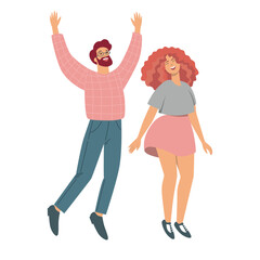 Happy jumping man and woman. Flat vector illustration isolated on white background