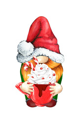 Christmas Gnome. Merry Christmas Gnome. Hot  Drink Gnome. Watercolor Gnome