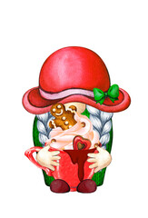 Christmas Gnome. Merry Christmas Gnome. Hot  Drink Gnome. Watercolor Gnome