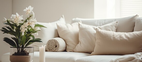 house beautiful ideas concept living room interior design closeup soft beige white sofa pillow with daylight and tree plant pot on coffee table decorating cosy comfort home interior background