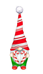Christmas Gnome. Merry Christmas Gnome. Candy Cane Gnome. Watercolor Gnome