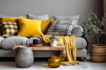yellow cloth blanket on grey contemporary soft and comfort armchair close up beautiful cosy living room interior design detail element house design concept