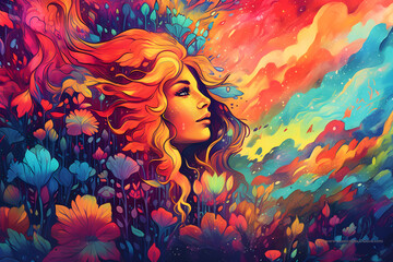 Beautiful girl with flowers. Colourful fantasy background. AI Generative