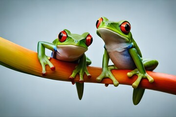 Two red-eyed tree frogs sitting on a heliconia flower 4
