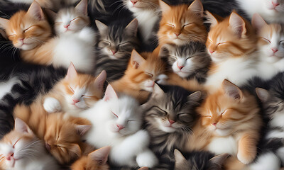 A pile of different type cute fluffy kittens sleeping together