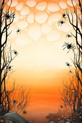 Orange halloween banner with spiderwebs and blank space for text.