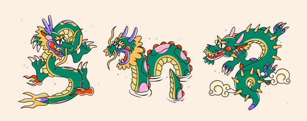 Hand drawn isolated abstract Dragons. Japanese or Chinese oriental style. Trendy colored Vector illustration. T-shirt print, logo, poster, card, design templates, tattoo idea. Symbol of 2024 new year