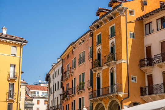 colored houses in the square of the center of vicenza