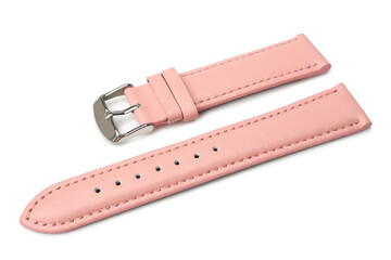 Pink leather watch strap on white background