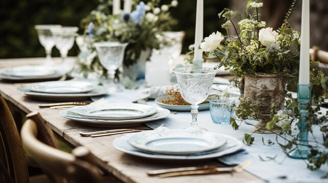 Table decor, holiday tablescape and dinner table setting in countryside garden, formal event decoration for wedding, family celebration, English country and home styling