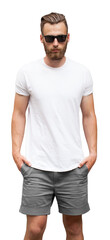 Front view of a man wearing white blank t-shirt with space for your logo or design on transparent background