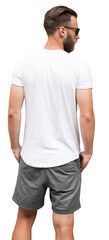Back view of a man wearing white blank t-shirt with space for your logo or design on transparent background