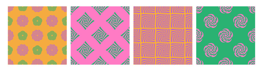 Set of optical illusions psychedelic patterns. Modern hypnotic geometric shapes. Abstract seamless repeatable background, digital paper, banner. Retro vintage colors.