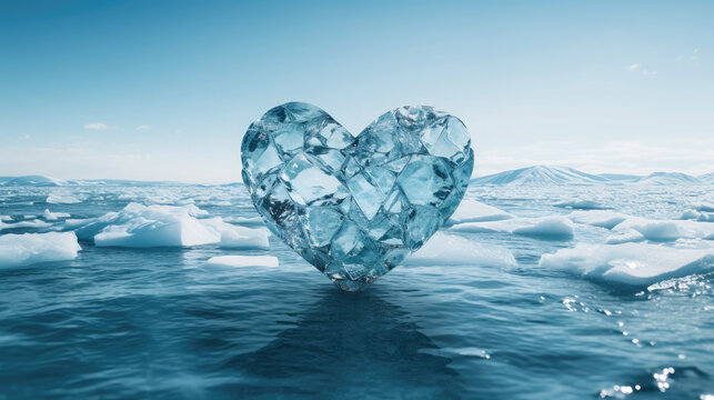 Generative AI, heart shaped ice figure or iceberg, north pole, antarctica, snow, valentine's day, postcard, glaciers, arctic nature, ocean, sea, love symbol