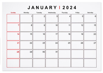 The January 2024 monthly calendar page isolated on white background, Saved clipping path.