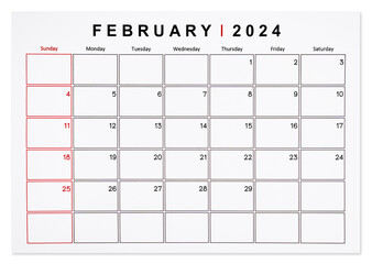 The February 2024 monthly calendar page isolated on white background, Saved clipping path.