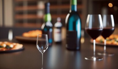 scenic view of wine glass and bottles, blurred background