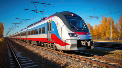 Naklejka premium Modern passenger transportation, locomotive with wagons for passengers