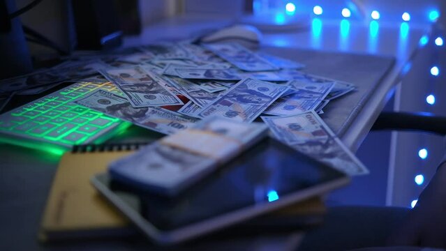Table undermined by hundred dollar bills 4K