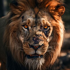 A lion with a scar on its face stares into the camera