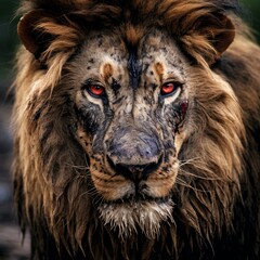 A lion with a scar on its face stares into the camera