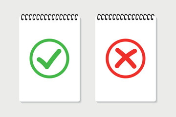 Vector notepad in realistic style with check mark and cross, cancel and agree sign, white piece of paper