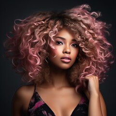 Fototapeta premium This is a stunning African-American woman with light brown, pink, and curly hair against a dark backdrop.