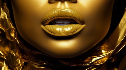 Closeup of Golden Lipstick. Metal Gold Lips. Pretty Makeup.