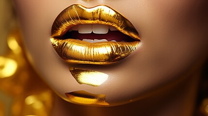 Closeup of Golden Lipstick. Metal Gold Lips. Pretty Makeup.