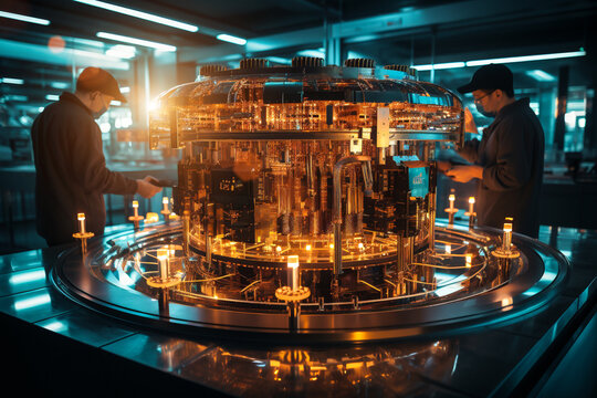 technicians working on modern Quantum Computer in science laboratory