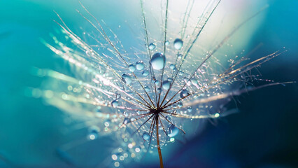 Beautiful background with soft focus. Drops of dew sparkle on dandelion in rays of light